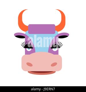 Cute purple cow with big eyelashes. Farm animal with orange horns. Stock Vector