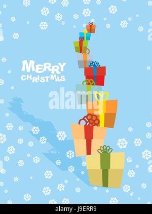 Tower gifts and snowfall. Happy Christmas. Many beautiful greeting boxes with bows with ribbons. Postcard, poster for new year. Stock Vector