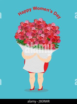 Happy womens day. Girl holds  large basket of flowers. Lots of Fresh red roses. 8 March. Happiness for women big bouquet of flowers for holiday. Stock Vector