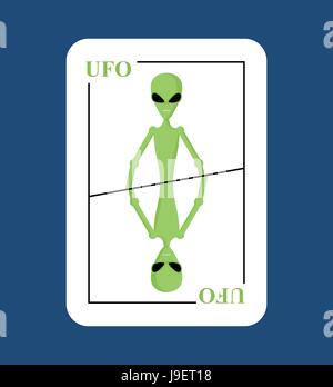 Playing card UFO. Conceptual new card alien. Green space invader with big eyes. Picks up into space in game all  characters. Stock Vector