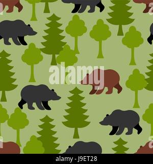 Bears in  woods as a seamless pattern.  Grizzly and  trees. Ornament animals of Alaska. Russian bears home. Wildlife of Canada background Stock Vector