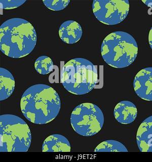 Globe seamless pattern. Globes of earth background. Planets o  black background. Ornament of  heavenly bodies. satin ornament endless. World map geogr Stock Vector