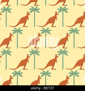 Kangaroo and Palma seamless pattern. Australian marsupial animal and tropical tree. Ornament for baby fabrics Stock Vector