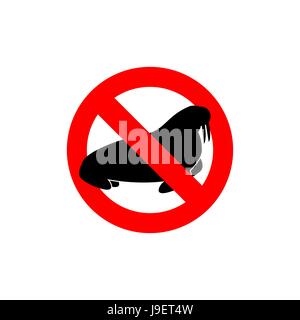 Stop  walrus. Seal is prohibited. Frozen Arctic animal swimming cat silhouette. Emblem of big scary beast. Red forbidding character. Ban animals with  Stock Vector