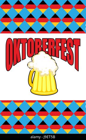 Mug of beer for Oktoberfest. Character Beer Festival against backdrop of rhombuses of  German flag. Vector illustration Stock Vector