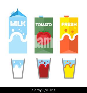 Set drinks in package. Milk, tomato juice, and fresh. Glasses for drinks. Vector illustration Stock Vector