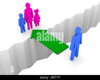 Bridge from man to woman with children. Family reunion. Concept 3D illustration. Stock Photo