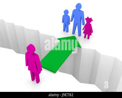 Bridge from woman to man with children. Family reunion. Concept 3D illustration. Stock Photo