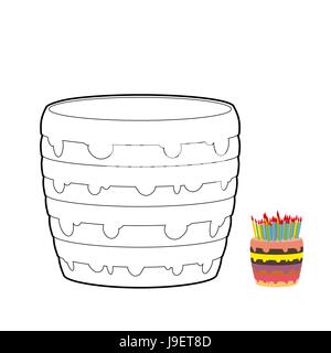 Cake coloring book. Confectionery for birthday. Sweetness for holiday. Multi-layer birthday cake with candles. Colour cream. Stock Vector