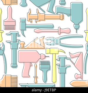 Tools seamless pattern. Drill and hammer, screwdriver and a plane. Vector Background pastel gentle tones. Stock Vector