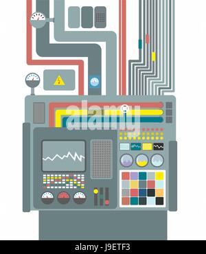 Production system. Control Panel with buttons and sensors. Buttons and screens. Wires and valves. Supply of electricity. Robotic System Center for des Stock Vector