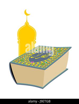 Quran. Sacred book of Muslims. Big thick book and mosque. Text on  book in Arabic 'Qur'an'. Vector illustration religion theme. Stock Vector