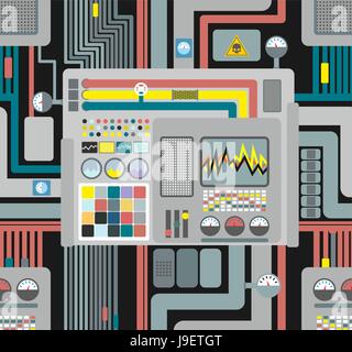 Production system. Control Panel seamless pattern. Background of wires and sensors and devices. Vector illustration of high-tech production. Industria Stock Vector