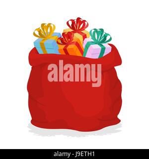 Red Sack Santa Claus with gifts. Holiday outdoor gift bag with boxes. Christmas accessory. New year object. Stock Vector