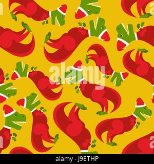 Santa Claus t-Rex. Dinosaur in Santa's red suit. Character for Christmas and new year. Seamless pattern for winter holiday. Stock Vector