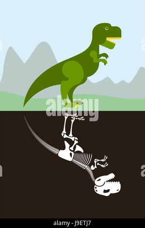 Tyrannosaurus in nature. Skeleton in ground soil. Jurassic monster and dice ancient Raptor. Stock Vector