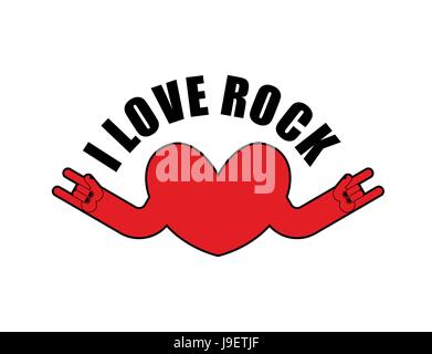 I love rock. Heart with rock hands sign. Symbol for lovers of rock music. Logo for t-shirts rock musicians. Stock Vector
