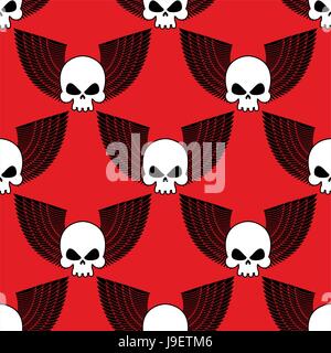 Skull with wings seamless pattern. Background of  winged head skeleton. Fabric texture for Rock musicians. Stock Vector