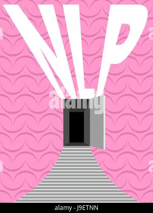 NLP logo. Open door and step onto background texture of human brain. Entrance into subconscious. Vector illustration. Stock Vector