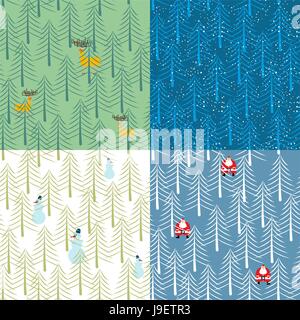 Winter tree seamless pattern. Trees in snow and Santa Claus. Winter forest and snowmen. Texture of deer in  Woods. Background of trees and animals. Stock Vector