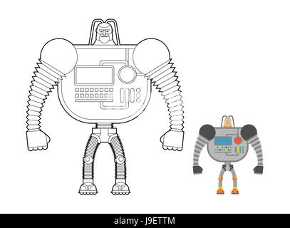 Cyborg Warrior coloring book. Man machine from outer space. Mechanical Bionic robot future soldier with  human head. Stock Vector