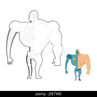 Bionic robot coloring book. Cyber-man of future. Iron skeleton and human body. Stock Vector