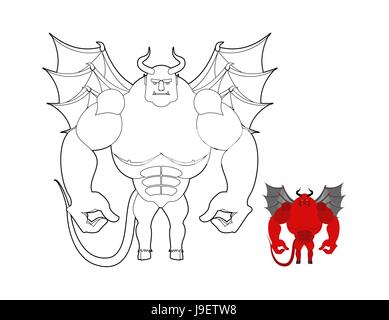 Devil coloring book. Red demon with wings and horns. Helluva terrible Satan with big muscles. Bodybuilder from underworld. Stock Vector