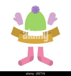 Winter clothing set. Warm woolen mittens and socks. Knitted clothes for cold weather. Stock Vector