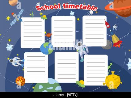 School timetable with space design. Lesson plans all week. Planets and rockets, astronauts and UFO. Stock Vector