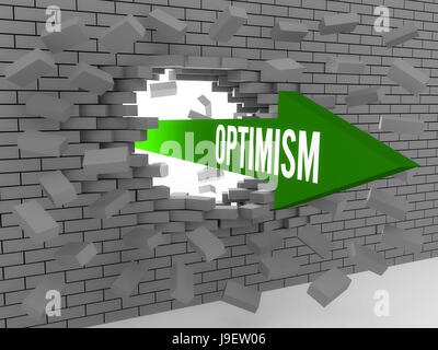 Arrow with word Optimism breaking brick wall. Concept 3D illustration. Stock Photo