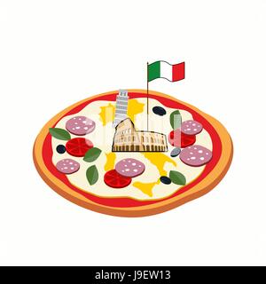 Italian pizza. Cheese in form of a silhouette map of Italy with Colosseum and  flag. Stock Vector