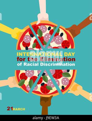 International Day for the Elimination of Racial Discrimination. 21 March. People of different race eating pizza. Vector poster Stock Vector