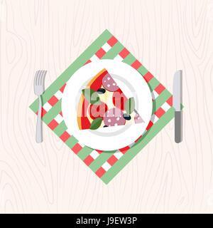 Top view of a slice of pizza on a plate. Cutlery: knife and fork. Vector illustration food Stock Vector