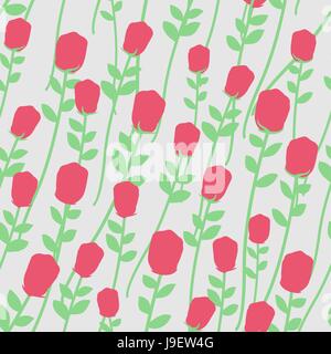 Flowers seamless pattern. Red roses with green stems. Floral Retro background. Stock Vector