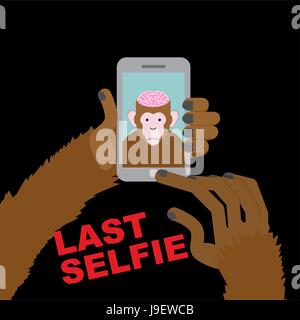 Last selfie before his death. Selfie Monkey with an open skull and pink brains. Monkey Brains a delicacy for gourmets. Vector illustration Stock Vector