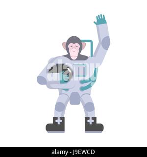 Monkey astronaut waving hand. Animal suit keeps helmet. Vector illustration Stock Vector