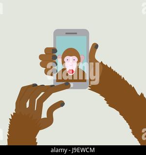 Monkey makes selfie. Animal clicks to your Smartphone with your fingers. African animal photographs themselves. Vector illustration. Stock Vector