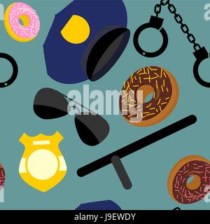 Police set seamless pattern. Police uniforms and handcuffs. Badge and nightstick. Vector background. Stock Vector