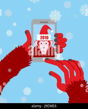 New year selfie. Monkey hooded Santa Claus makes a photo on a Smartphone. On a blue background with snowflakes. New year 2016. Vector illustration Stock Vector
