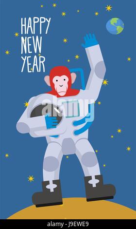 Red Monkey astronaut waving hand. Happy new year. Chimpanzees in spacesuit stands on  Moon in space. Vector illustration Stock Vector