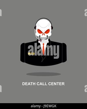 Death Call Center. Skull with  headset. Skeleton in suit responds to phone calls. Office skeleton Mister Death. Customer feedback for underworld. Cust Stock Vector