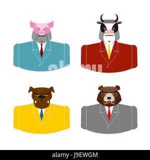 Set Animals businessmen. Farm animals in costume. Pig in business suit. Bull businessman. Bear in Office attire. Dog with tie. Stock Vector