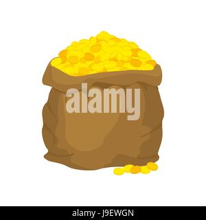 Bag of gold. Many gold coins. Open sack full of treasures. Golden wealth. Stock Vector