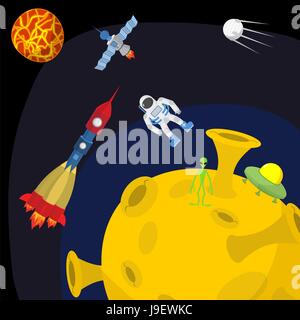 Space landscape: Moon and alien. UFO and rocket. Vector illustration. Stock Vector