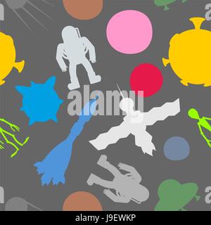 Silhouette space symbol seamless pattern: astronaut and UFO, rocket and satellite. Vector background Stock Vector