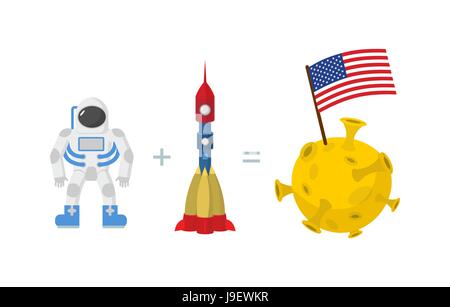 First Astronaut on moon.  American flag on moon. Space rocket and planet. Vector illustration. Stock Vector