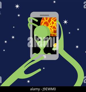 Selfie space. Alien shoots himself on phone against backdrop of  planet. Vector illustration. Stock Vector