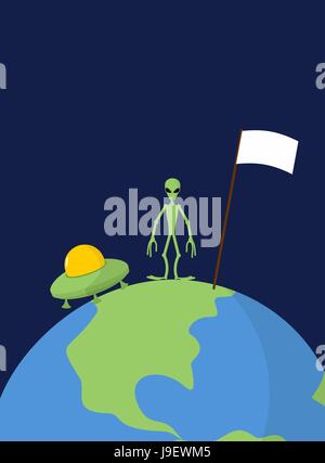 UFO and alien with white flag stands on Earth. Vector illustration Stock Vector