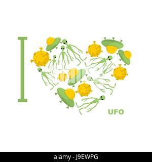 I love UFO. Symbol  heart of humanoid, alien and space saucer. Vector illustration Stock Vector