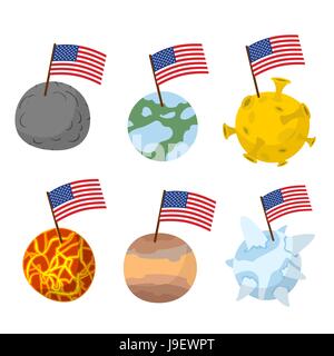 Planets of  solar system with  flag of America. Discoverers of new planets in  space. Vector illustration Stock Vector